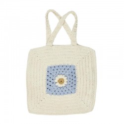 Crochet bag butter cream and blue w/flower