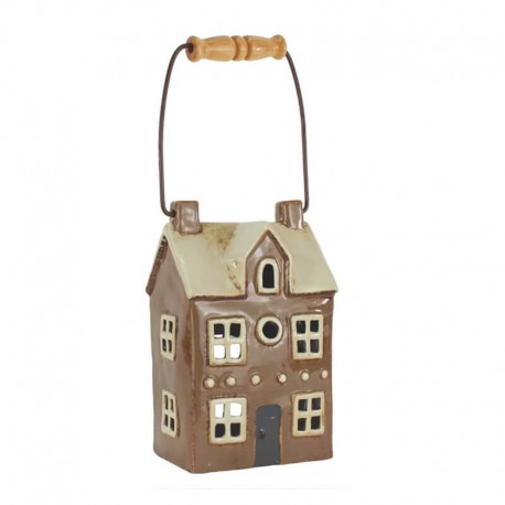 Hordozható kerámia gyertyatartó ház, fogantyúval - brown